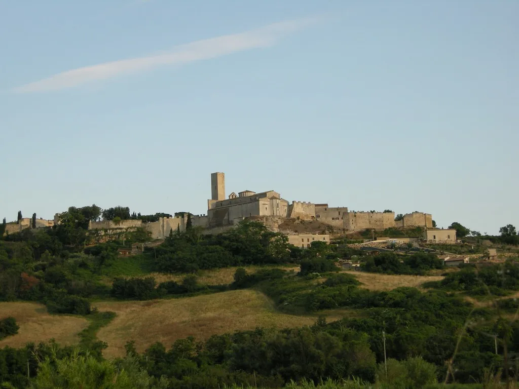 The hilltop town of Tarquinia, Italy, near the Etruscan necropolis of Monterozzi