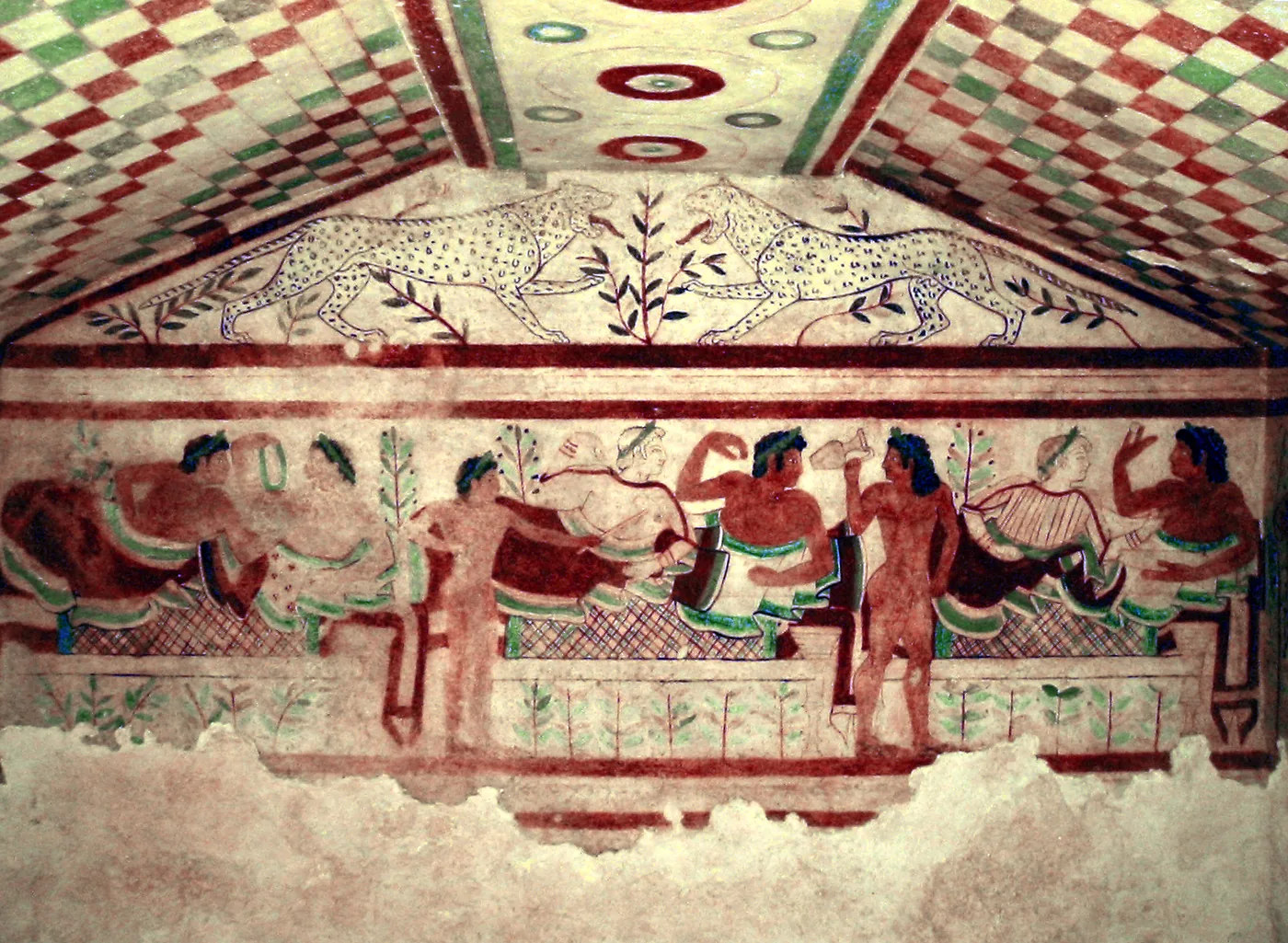 The painted banquet fresco in the Tomb of the Leopards, Tarquinia